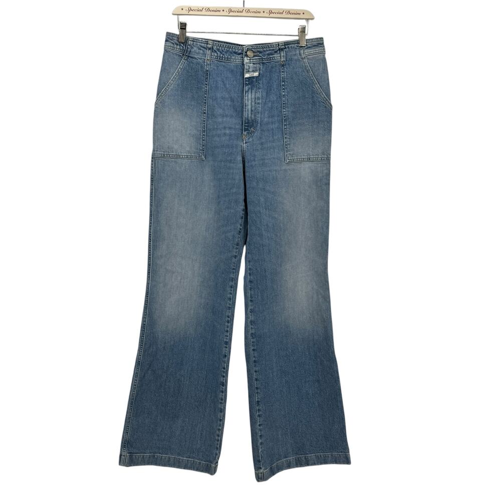 Closed Women's Aria Jeans Wide Flare Leg 32 High Waist‎ Blue Patch Pocket Italy